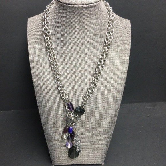 Silver Chain Toggle Necklace Purple Blue Green Dangles Retro BoHo - Picture 1 of 4